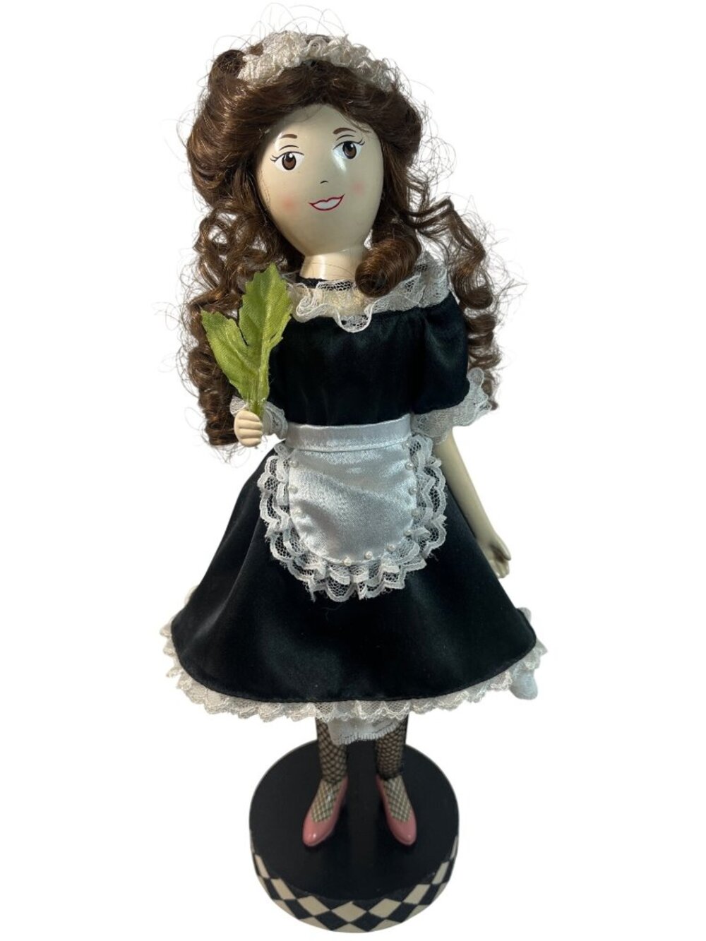 Handcrafted Wooden Maid Nutcracker With Curly Hair Lace Details and Checkered Ba